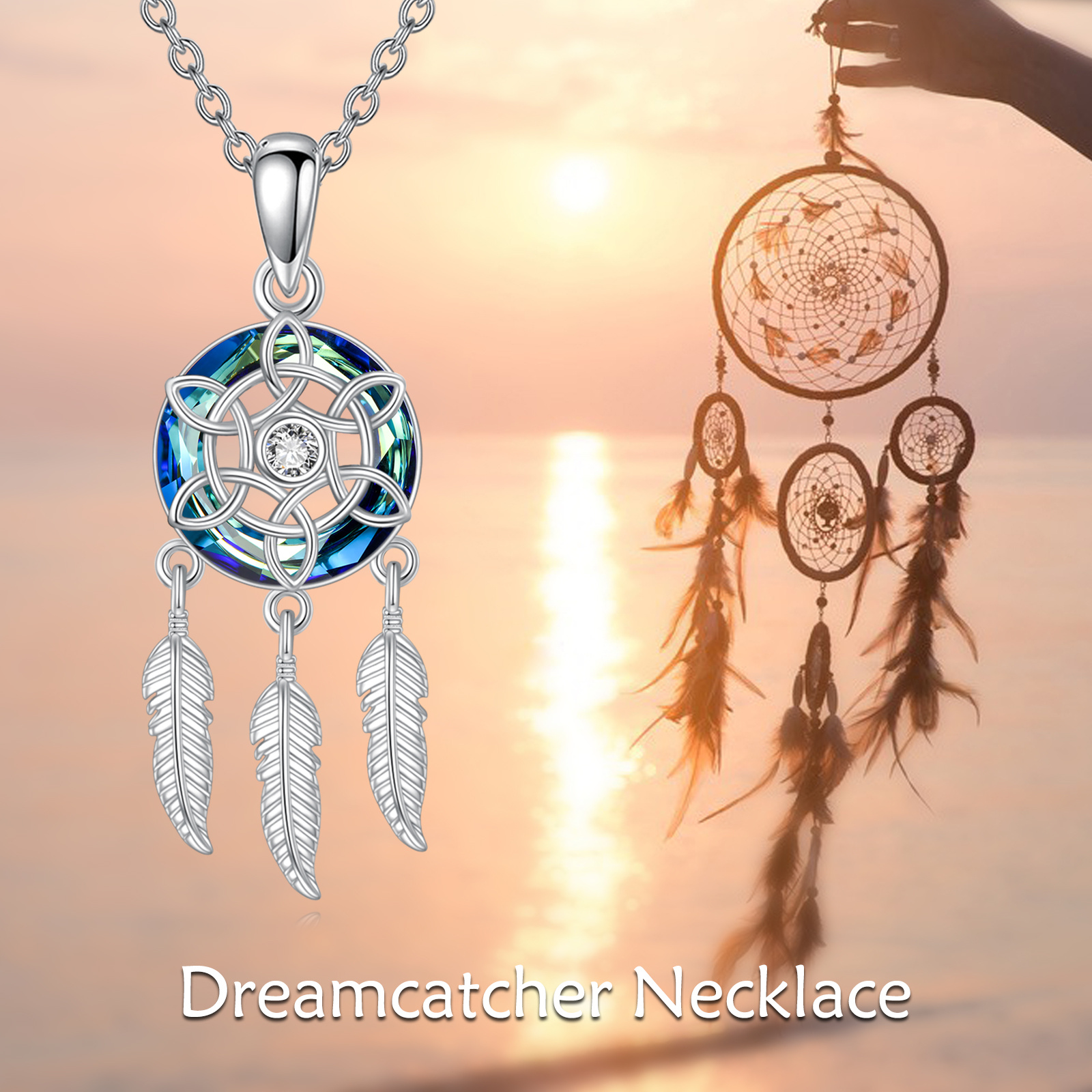 Dream Catcher Pendant Necklace, 925 Sterling Silver Feather Design